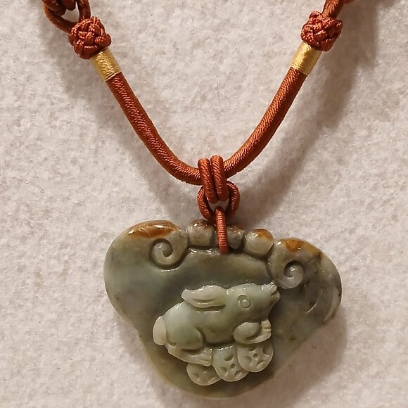 Large Carved Green Jade Lucky Rabbit Pendant Necklace - Adjustable Length - Picture 1 of 8